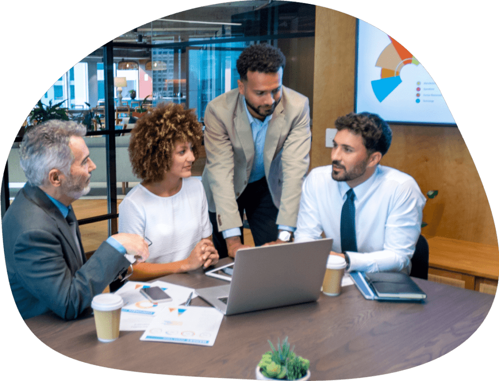 Group of people having a meeting at a laptop